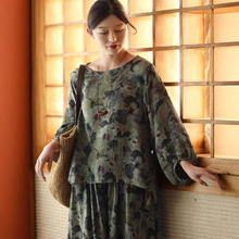 古咖服饰春季复古炒色印花麻棉衬衫女灯笼袖套头衬衣气质花色上衣