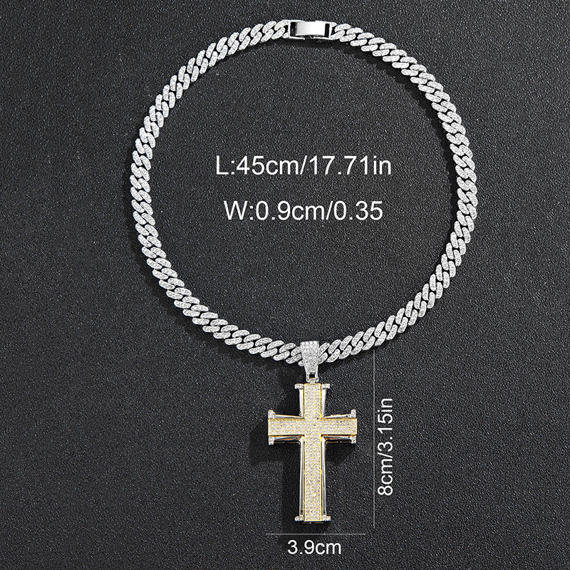 New hip-hop pendant full of diamonds, two tone large cross, niche Cuban chain accessory_voghion.com