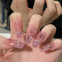 代发冰透粉色闪粉链条穿戴甲中长款美甲甲片气质感碎钻假指甲贴片