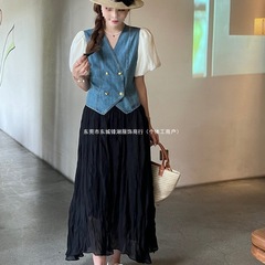 牛仔两件套连衣裙女2025夏季新款气质显瘦短袖外套中长款