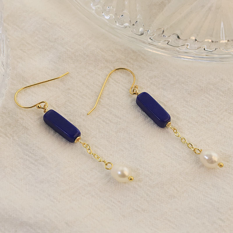 XlentAg diseño original lapis lazuli natural agua dulce pendientes de perlas temperamento pendientes retro de alta sensación pendientes