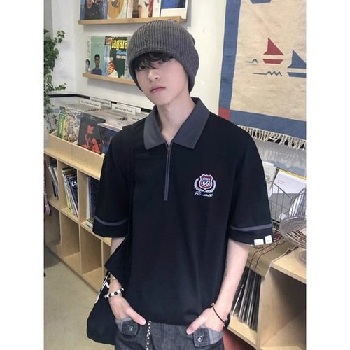Half-zipper contrasting Polo shirt, short-sleeved men and women, 2025 summer fashionable piece, lapel T-shirt, casual couple's half-sleeves