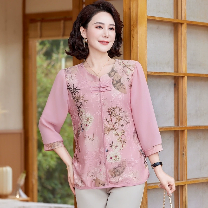 Мама одежда с принтом шифоновая рубашка 2025 летний новый средний рукав топ среднего возраста
