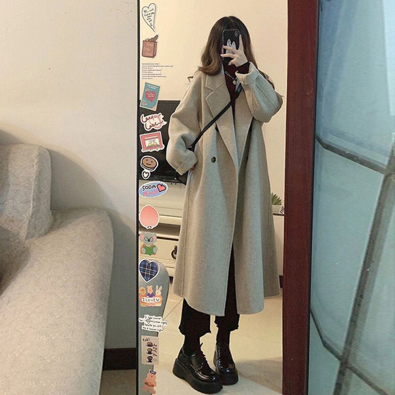 中长款毛呢外套女春秋冬季慵懒风小个子过膝风衣呢子大衣