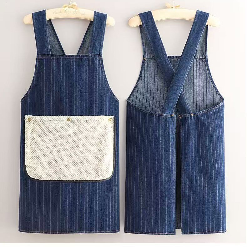 Removable Hand Towel Denim Apron Kitchen Household High-End Young Style Apron Anti-Fouling and Wear-Resistant Work Clothes
