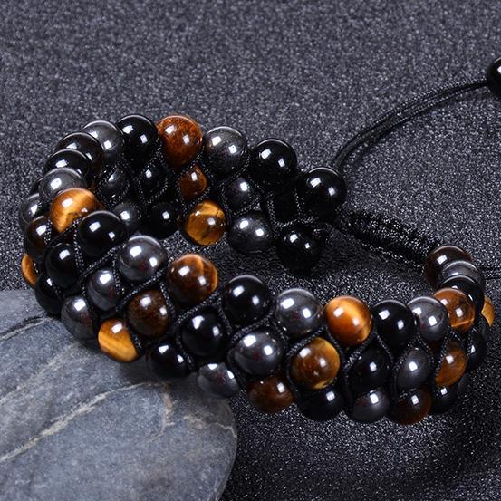 Tiger Eye And Magnetic Black Stone Layered Braided Bracelet_voghion.com