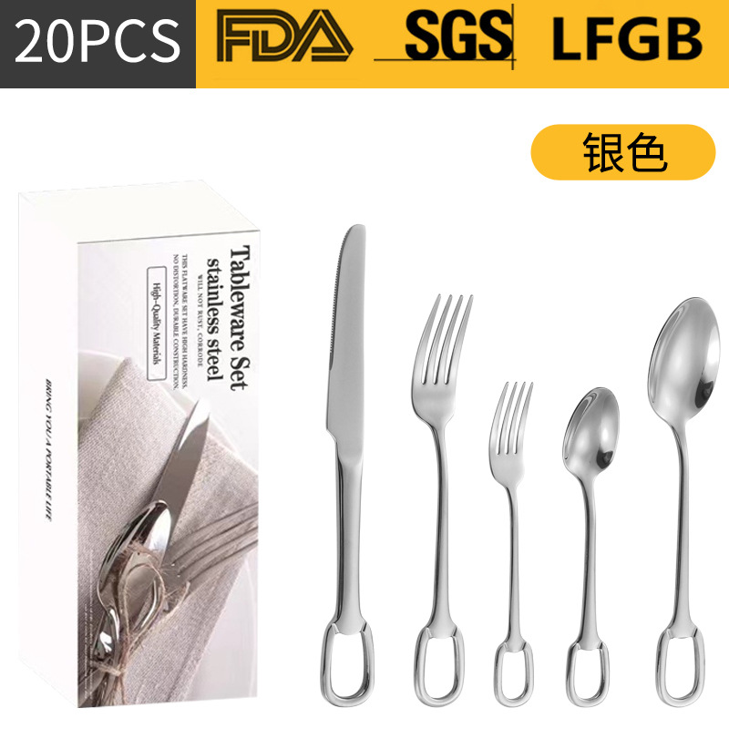 Amazon transfronterizo productos de alto valor facial 304 cubiertos de acero inoxidable 20 / 30 piezas collar hebilla cuchillo y tenedor de cucharas conjuntos