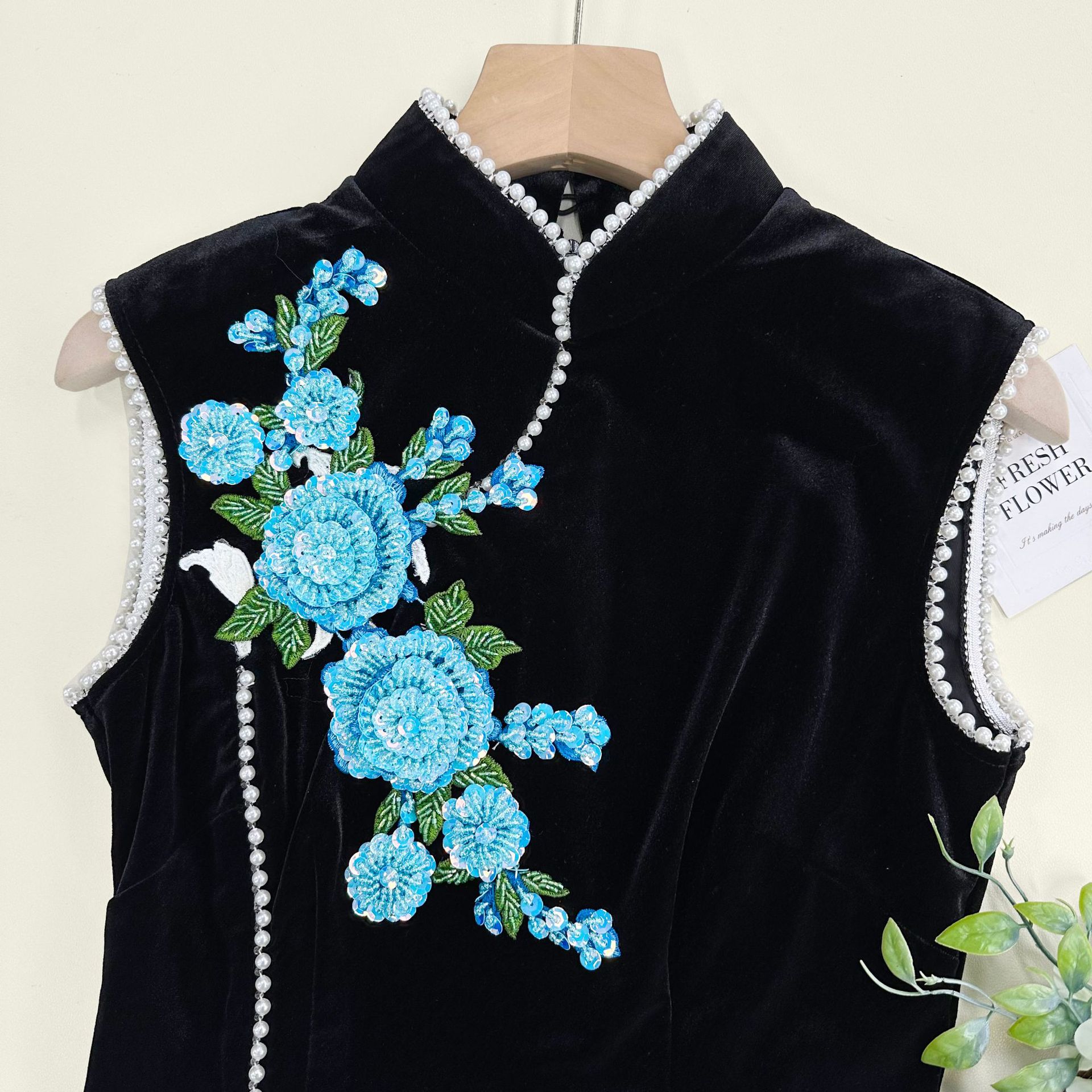 Flores tridimensionales sequinilla bordada pegatinas de tela hechas a mano ropa decoración ropa bolsos cheongsam nuevos accesorios negros chinos image 9