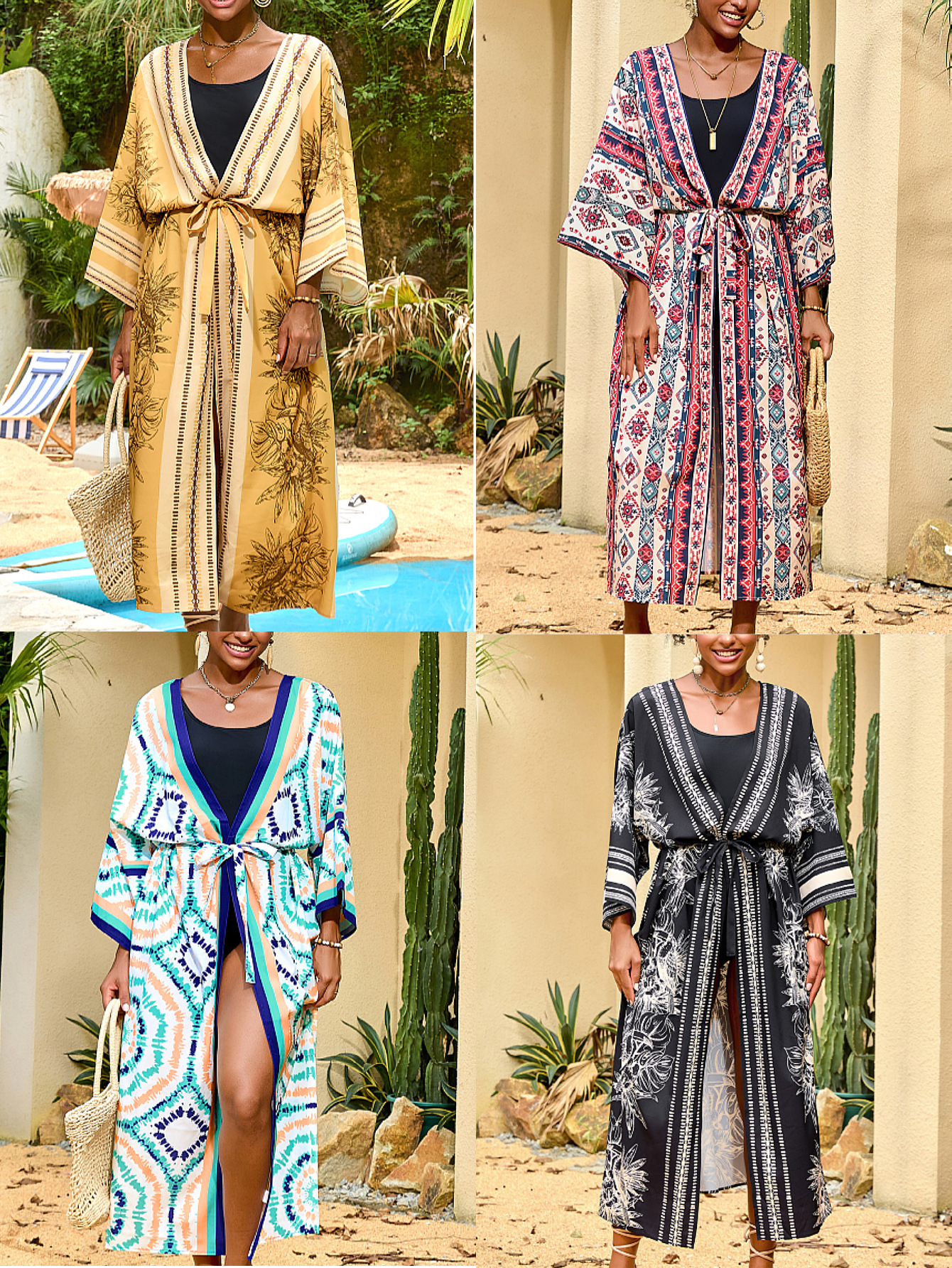 2025 nueva camiseta de playa europea y americana transfronteriza impresa cardigan bikini camiseta protector solar bañador 1D259