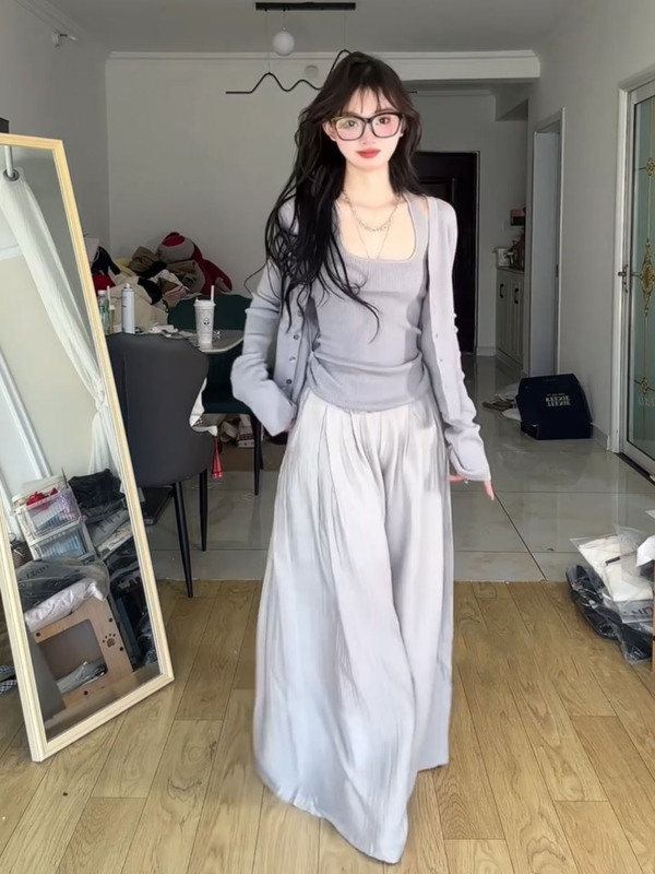 早秋新款韩系针织开衫外套女秋长袖薄款挂脖背心紫色设计感套装|undefined