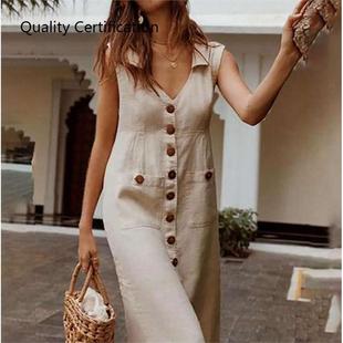 Turn-Down V-Neck Dress Button Pocket Dress