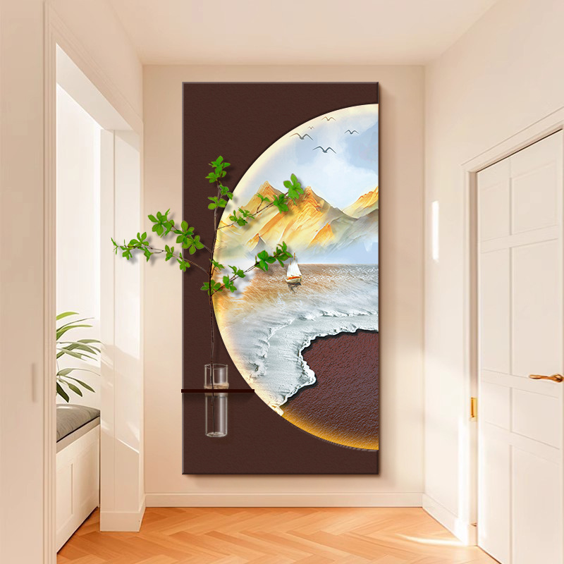 日照金山玄关装饰画水培绿植发光灯画竖版沙岩画高级感立体实物画|undefined