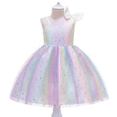 Elegant European and American Foreign Trade Children's Dress with Gradient Net Fabric, Fluffy Princess Skirt, Star Sparkle, Asymmetrical Shoulder, Girls' Festival Performance Costume