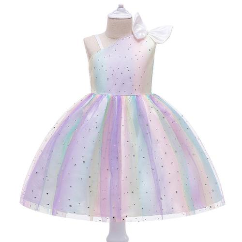 Elegant European and American Foreign Trade Children's Dress with Gradient Net Fabric, Fluffy Princess Skirt, Star Sparkle, Asymmetrical Shoulder, Girls' Festival Performance Costume