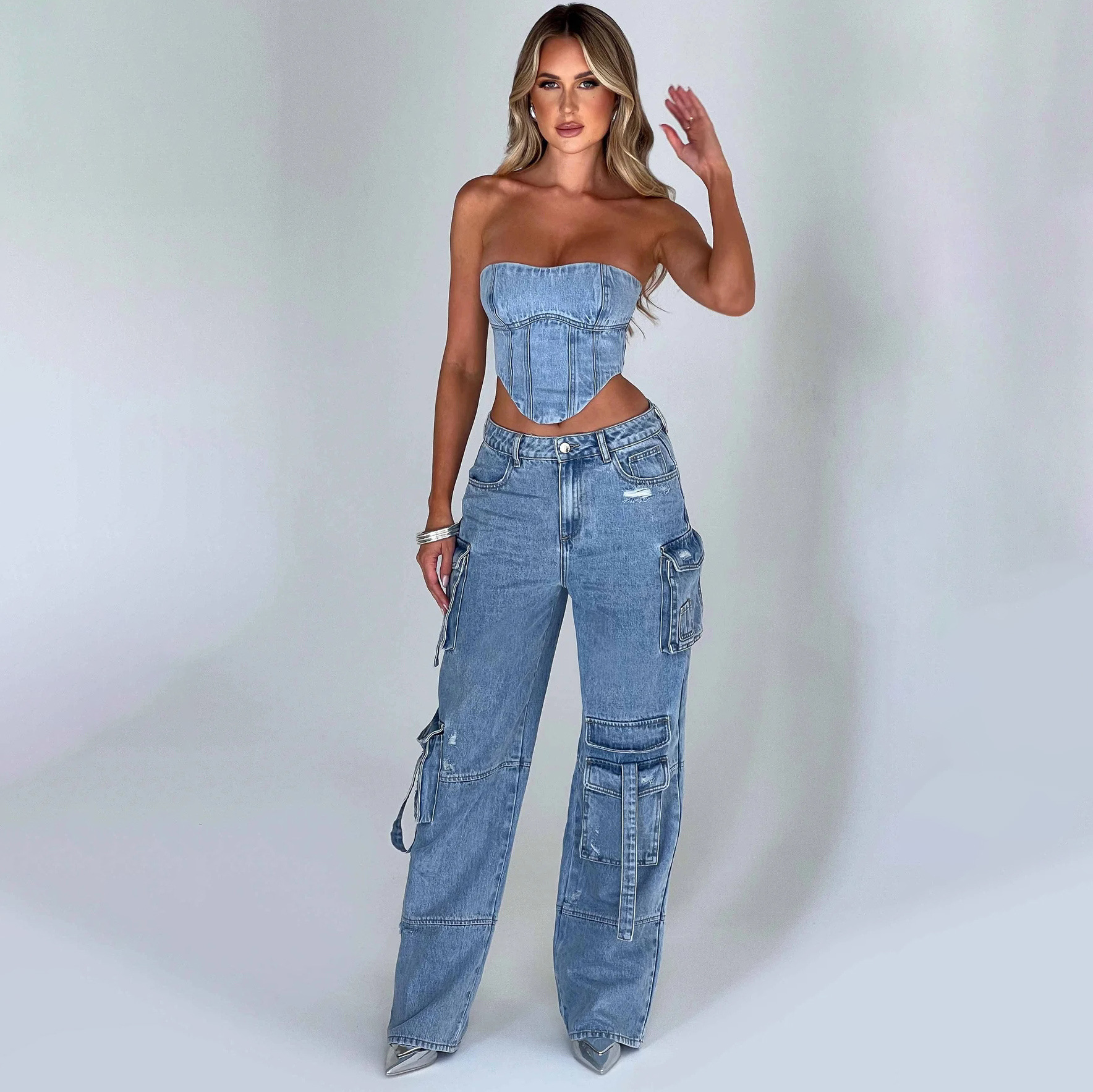 Women's Clothing low waist three dimensional pocket patchwork jeans _voghion.com