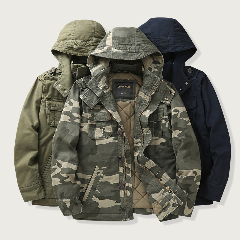 Winter Thickened Camouflage Cotton-padded Coat Multi-pocket Hooded Camouflage Clothing Men's Mid-length Coat Outdoor Military Trendy Coat