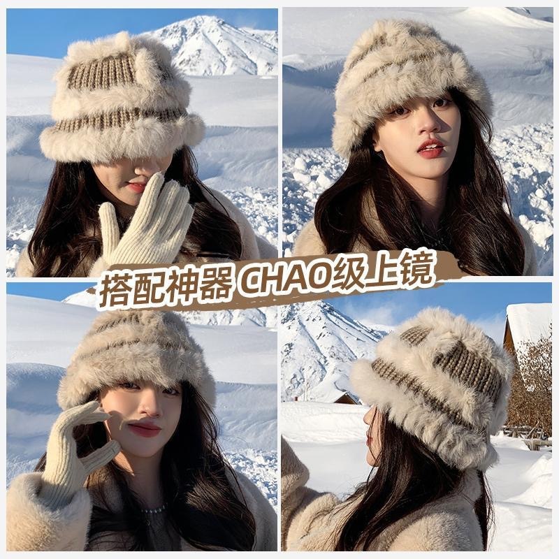 加厚韩版兔毛针织女秋冬季显脸小渔夫帽帽子冬天毛茸茸保暖毛线帽|undefined