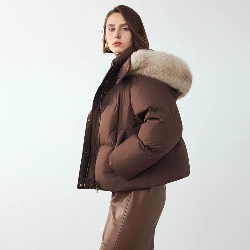 Lang Series Fox Fur Collar Huldobagji White Goose down Short Hooded Jacket for Women 2025 Winter New down Jacket