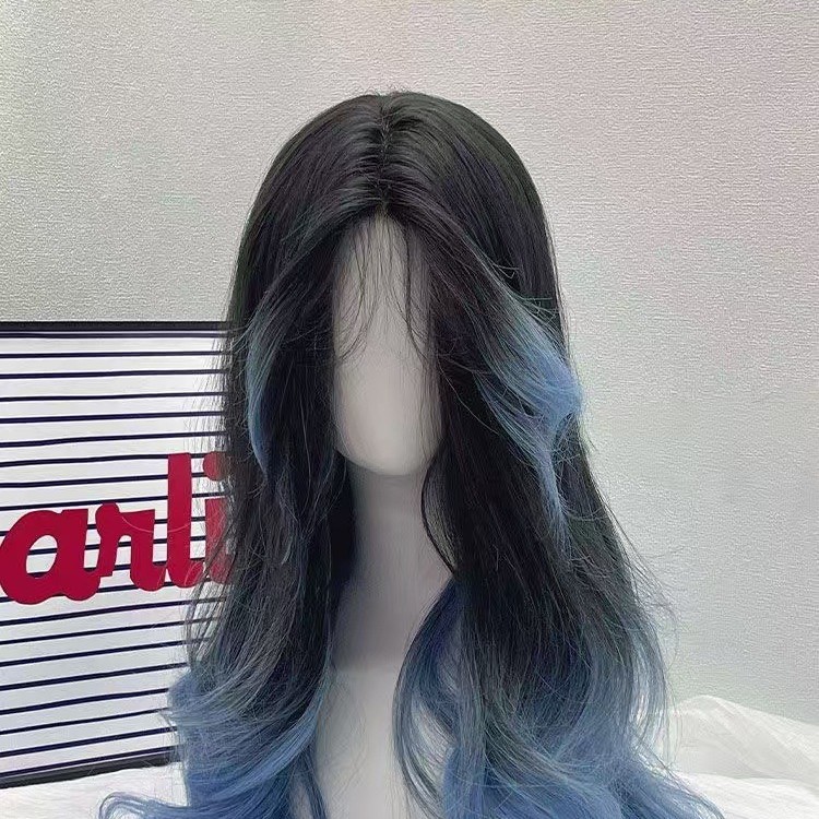 Azul y negro gradiente largo rizado peluca picante teñido simulación de alta temperatura seda pintada teñida atmósfera princesa peluca B03