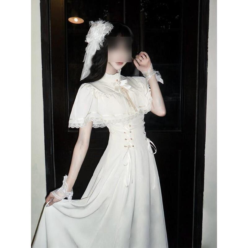 French White Lace Stand-Up Collar Princess Bubble Summer Temperament Short-Sleeved Cape Dress for Women with Long Waist and Slimming French White Lace Stand-Up Collar Princess Bubble Summer Temperament Short-Sleeved Cape Dress for Women with Long Waist and Slimming
