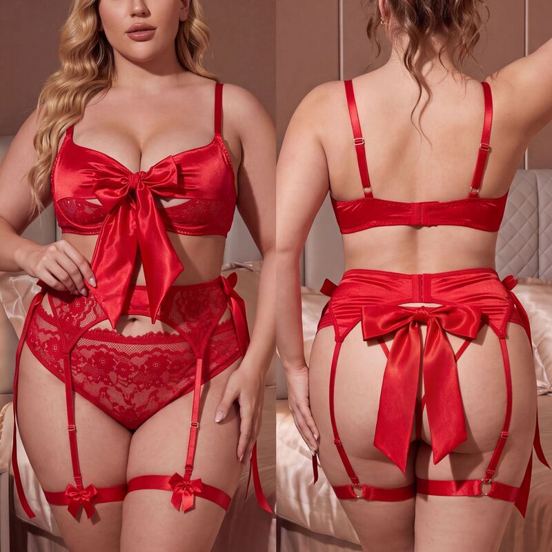 European and American plus-size women's red lace waistband with large bow, adjustable garter belt, three-piece set 2657 European and American plus-size women's red lace waistband with large bow, adjustable garter belt, three-piece set 2657