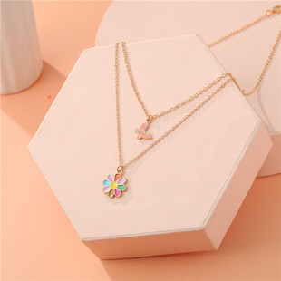 Cross-Border fashion sunflower necklace Korean children's necklace jewelry sunflower butterfly multi-layer alloy pendant