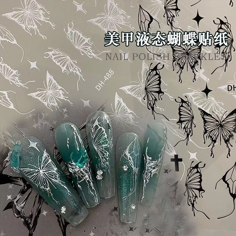 Nail Art Hand-Painted Liquid Butterfly Sticker Silver Dark Waterproof Ins Cut Out Black and White Silver Decal Xiaohongshu Hot Style Nail Art Hand-Painted Liquid Butterfly Sticker Silver Dark Waterproof Ins Cut Out Black and White Silver Decal Xiaohongshu Hot Style