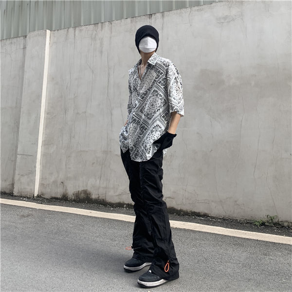 High Street Functional Vibe Style Folded Stacked Micro Horn Long Pants for Men's American Slim Fit Street Instagram Versatile Casual Pants_voghion.com