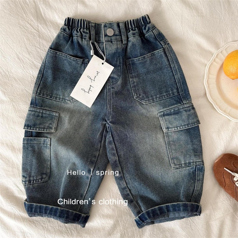 Pantalones largos infantiles primavera 2025, nuevos jeans unisex de color sólido con bolsillos, pantalones cargo rectos para bebé