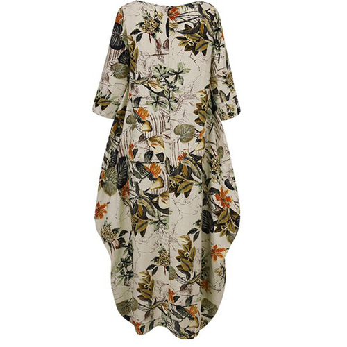2025 New Cross-border Plus Size Cotton-Linen Printed Chinese Style Retro Hooded Loose Round Neck Korean Style Dress