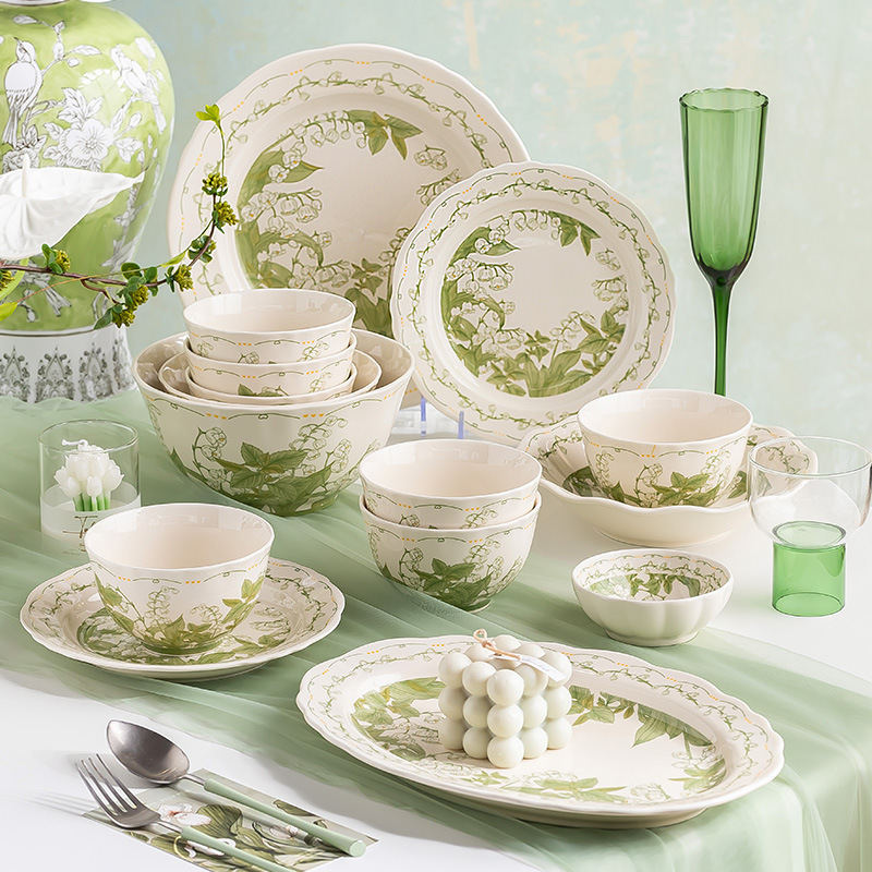 Cute Green Floral Dish Set Household Ceramic Rice Bowl Soup Plate Combination Housewarming Gift Complete Tableware Set