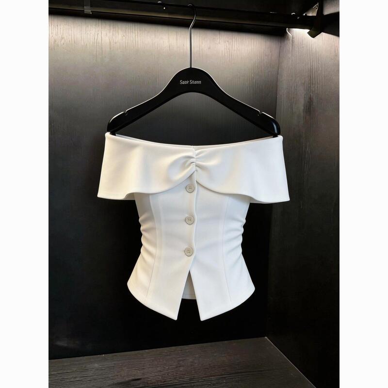 Korean-Style White Off-Shoulder Ruffle Shirt for Women, New Summer Design with Waist-Cinching Buttoned Design, Unique and Slimming Top Korean-Style White Off-Shoulder Ruffle Shirt for Women, New Summer Design with Waist-Cinching Buttoned Design, Unique and Slimming Top