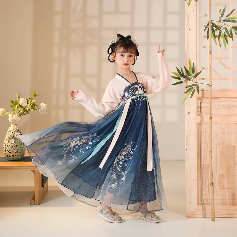 新款女童汉服儿童改良汉服齐胸襦裙刺绣花中国风日常裙子