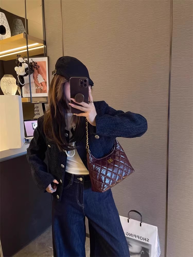 Túi tote nữ da thật kiểu tweed đeo chéo dây xích chần bông — Màu đen, Đỏ Ancora, Cà phê Mocha, Màu nâu chi tiết 4