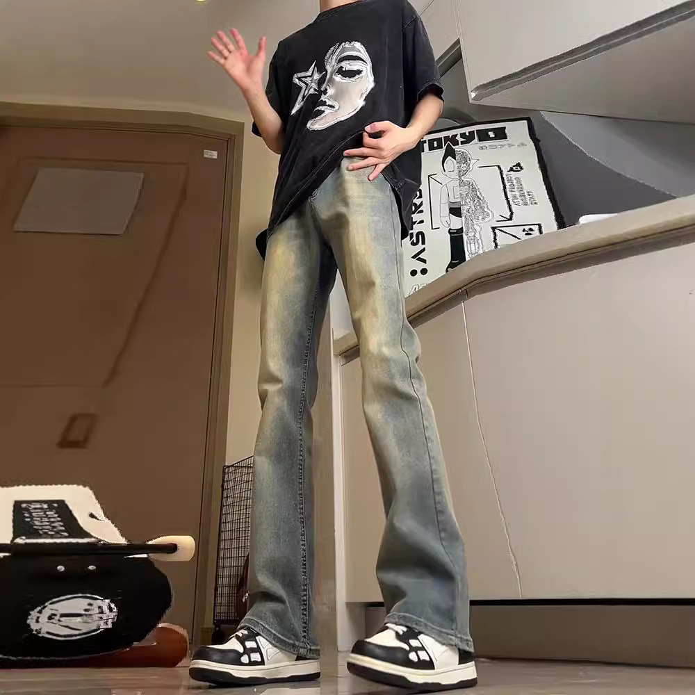 Vintage jeans de cintura alta azul para hombres otoño nuevo estilo americano de alta calle vibe pantalones altos rectos micropantalones