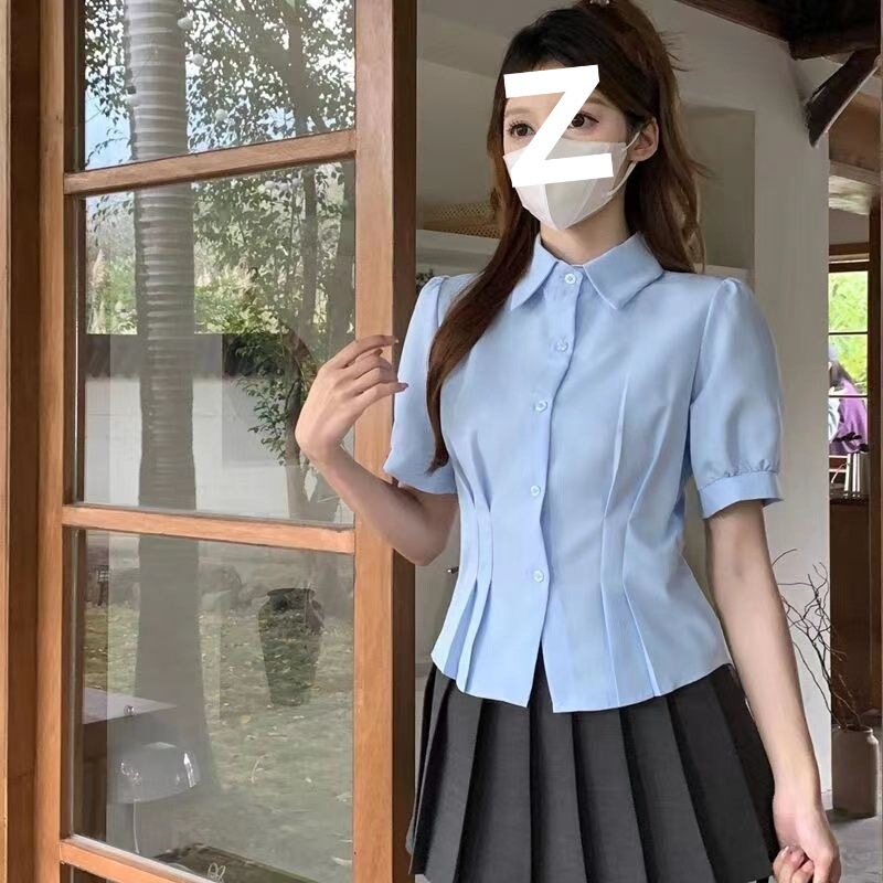 蓝色短袖衬衫女款设计感小众学院风jk小个子显瘦收腰衬衣上衣严选|undefined