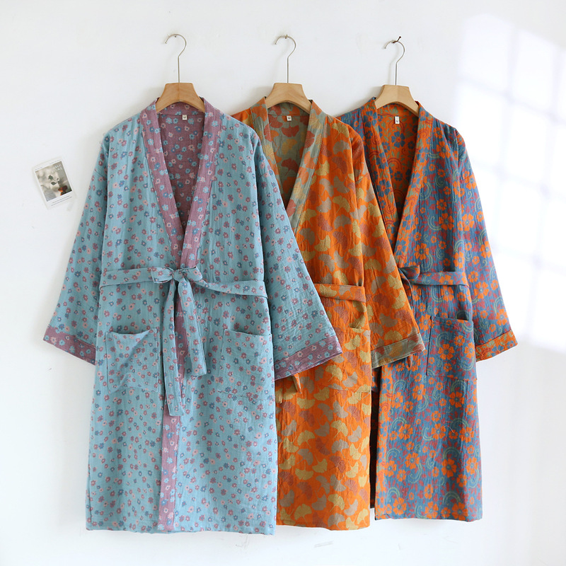 Cross-Border 2025 New Men and Women Couple Pure Cotton Double-Layer Gauze Nightgown Printed Spring and Summer Kimono Cardigan Thin Home Clothes
