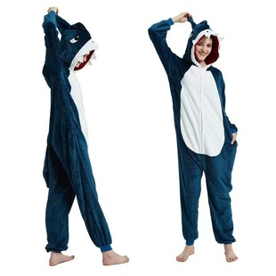 Gray Shark Flannel Cartoon One-Piece Pajamas Couple Coral Velvet Giant Tooth Shark Animal One-Piece Cartoon Shark