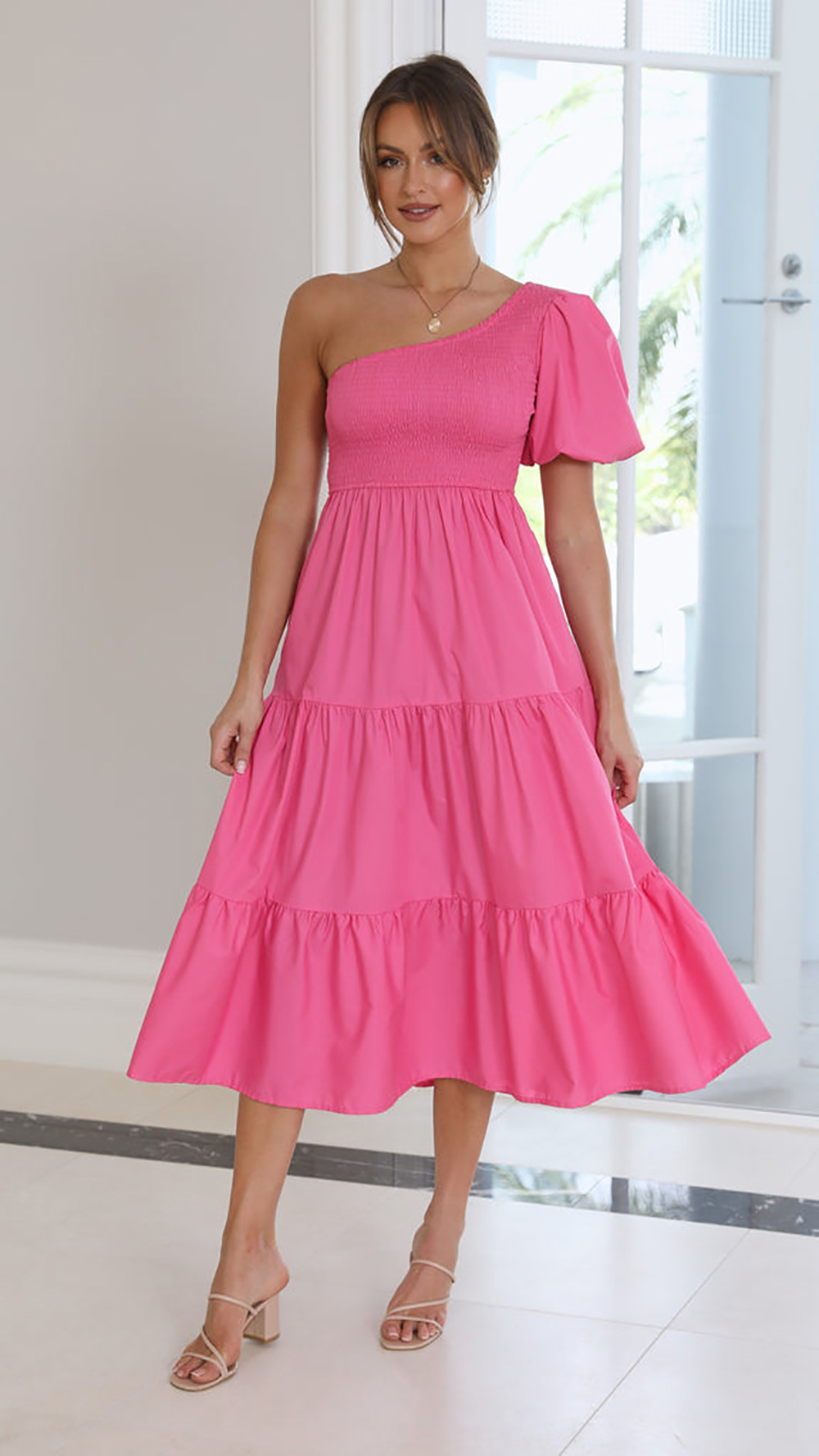 490g Weight Maxi Long Dress Dress Length Type Short Sleeve Sleeve Length Regular Dress Dresses Type Puff Sleeve Sleeve Type Polyester Fabric Type Mid Waist Waist Line Holiday, Daily Occasion Oblique collar Neckline Regular Fit Fit Type Solid Color Pattern Summer Season Women's Gender Ruffles Design Streetwear Style Wholesale Women's Streetwear Ruffles Solid Color Holiday Daily Oblique Collar Short Sleeve Regular Dress 5