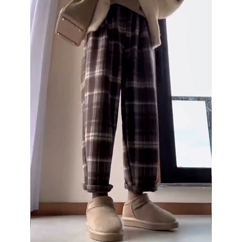 Беременные брюки для беременных осенью и зимой толстые плюшевые повседневные брюки в клетку по беременности и родам свободные прямые шерстяные брюки шаровары эластичные