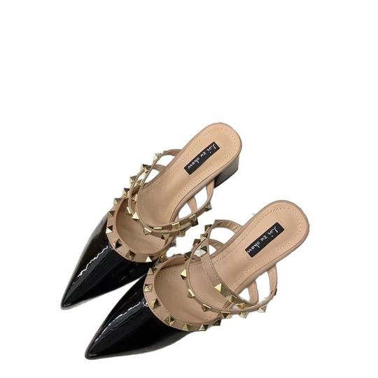 Explosive Small Chanel Style Rivet High Heels Women's Baotou Half Slippers Fashion 2025 Pointed Sandals and Slippers Thick Heel