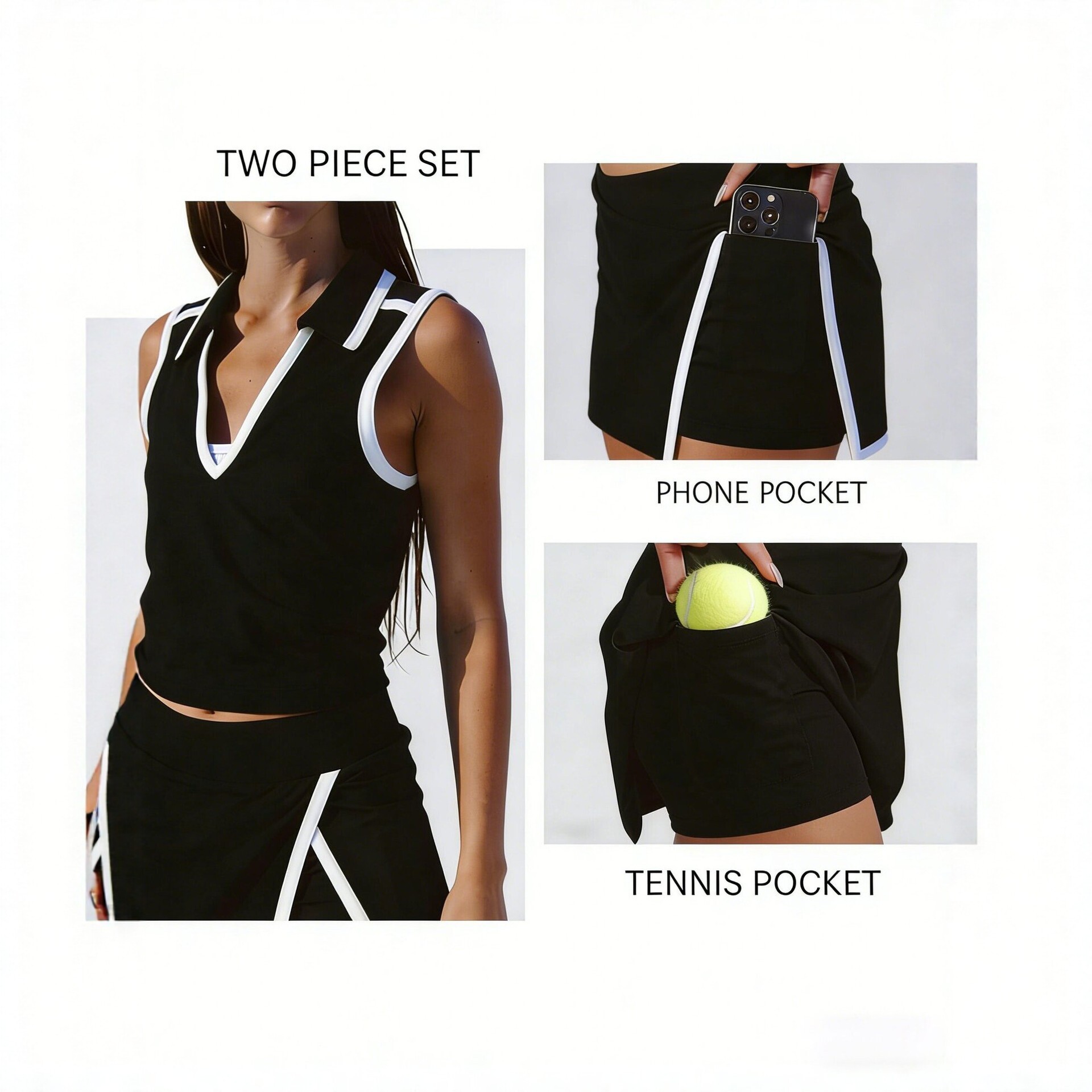 Black and white contrasting color tennis skirt set for women, sporty casual short skirt with phone pocket and tennis racket pocket, fashionable two-piece set