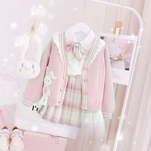 Girls' JK Set Dress  Autumn New School Style Pleated Skirt Cardigan Knit Children's Stylish Dress