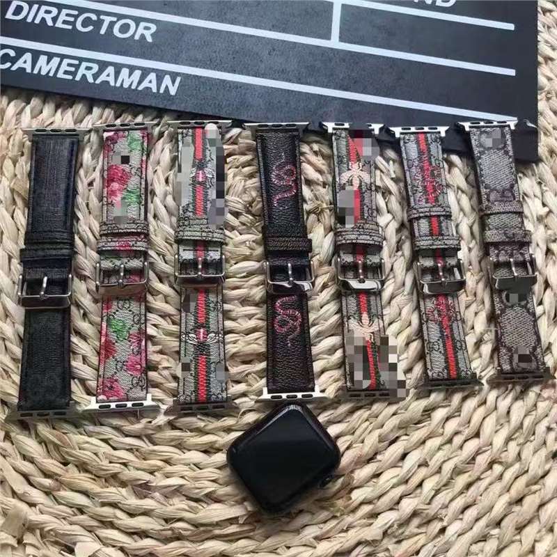 Suitable for Apple 49 Watch Strap 42 Trendy Brand Printed Black Leather Watch Strap 38Iwatch40 Leather Bowl Strap 44