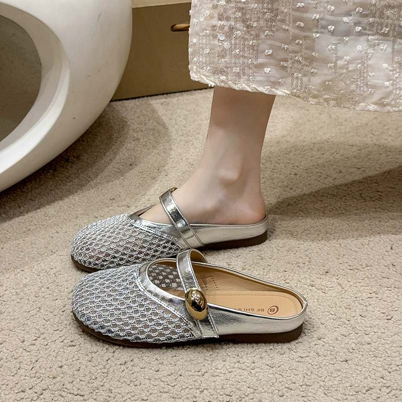 Полупакет тапочек для верхней одежды, лето 2025, новые серебряные ажурные сандалии, женские плоские сетчатые босоножки Boken, оптом