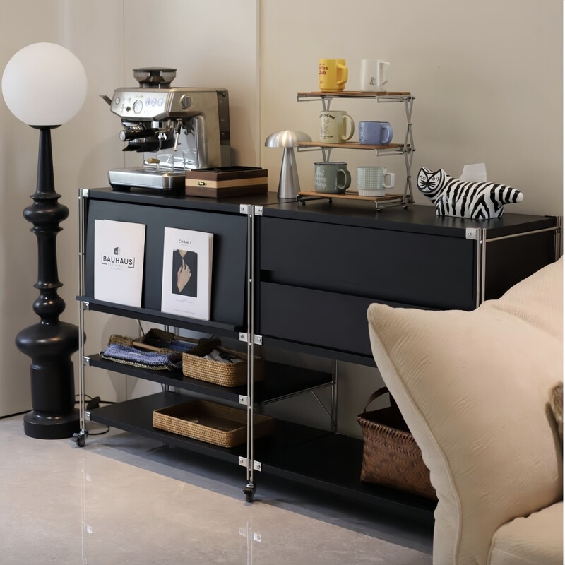 Bauhaus Style Double Drawer Cabinet Flip Door Cabinet Combination Sideboard Stainless Steel Storage Rack Living Room Coffee Machine Storage Storage