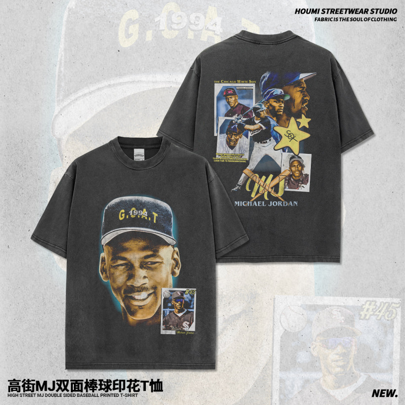 Cross-Border High Street Mj Double-Sided Baseball Print Short-Sleeve T-Shirt, Heavy-Duty Vintage American-Style Pure Cotton Streetwear Brand with Small Neckline