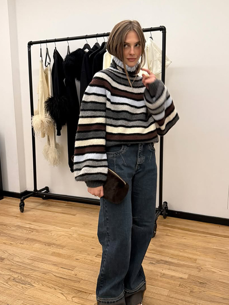 Moda a rayas de moda exterior de cuello alto suéter de color contraste chaqueta mujer 2025 otoño y invierno nuevo estilo europeo y americano transfronterizo image 5