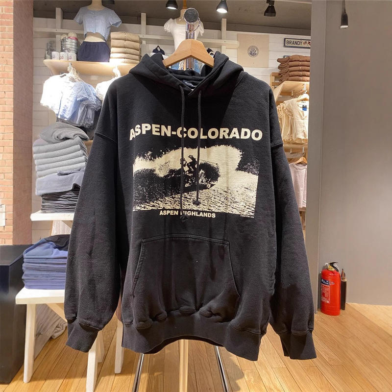 Bm Style Aspen Ski Print Hooded Pullover Sweatshirt Women's Loose Kangaroo Pocket Jacket Zhang Ruonan's Same Top