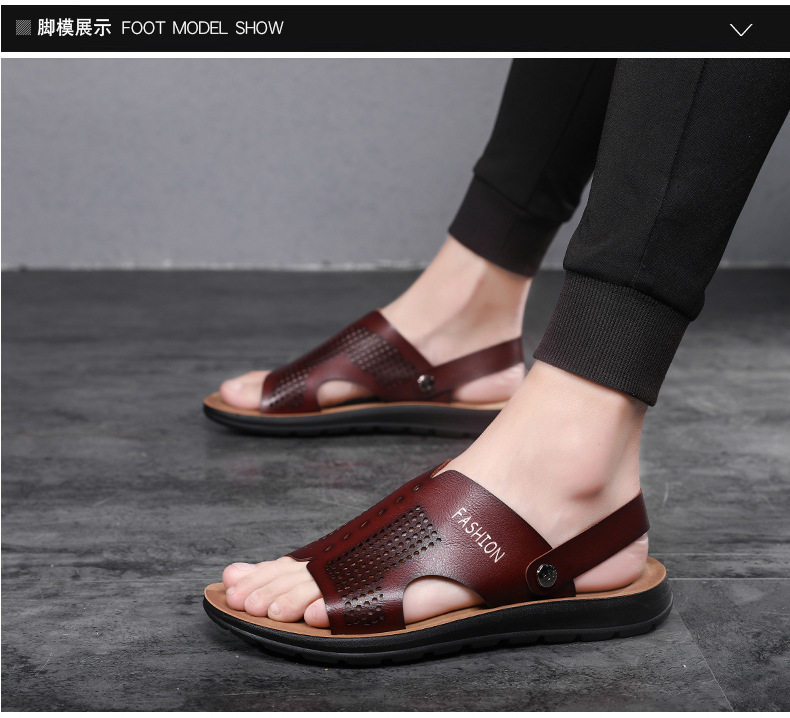 Dép sandal nam cỡ lớn hở ngón da PU chống trơn trượt, thoáng khí đi biển — Nâu Đen, Xanh lam đậm, Xám đậm, Đỏ rượu chi tiết 16